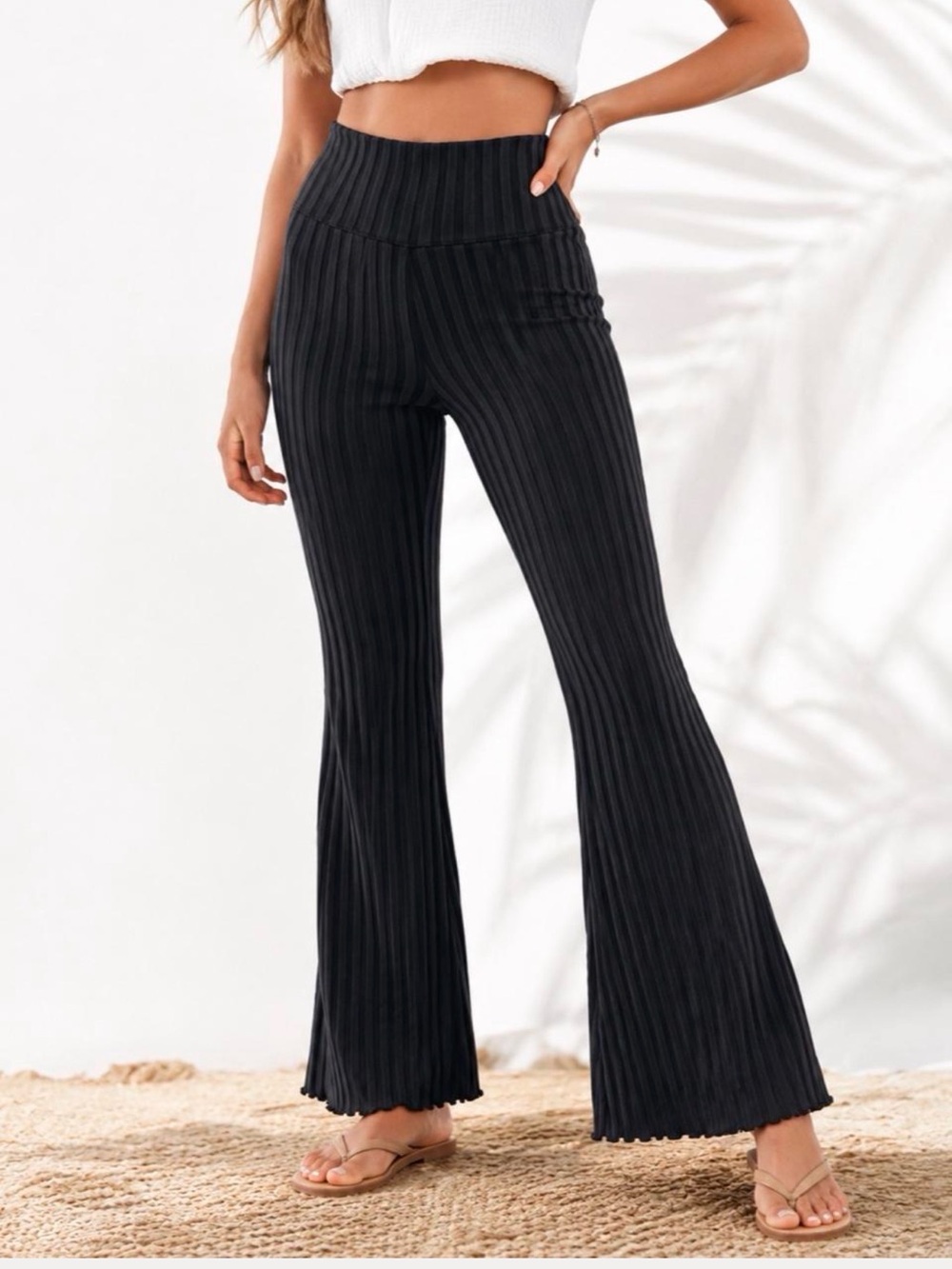 High-Waist Black Ribbed Flare Pants